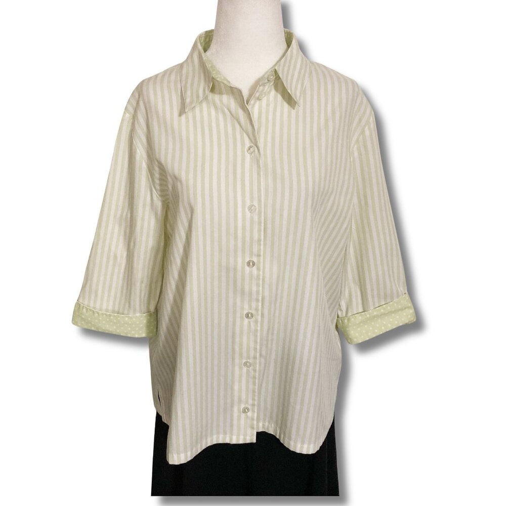 ALIA Celadon green off-white striped 3/4th sleeve button-down shirt ~ LARGE XL
